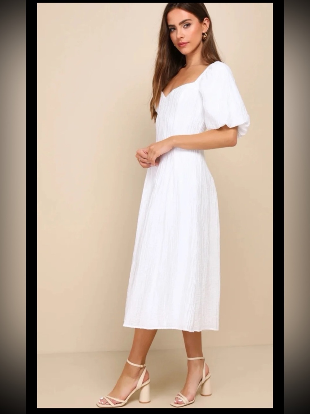 Lulus Heavenly Energy White Textured Puff Sleeve Pleated Midi Dress size Small - Picture 12 of 12